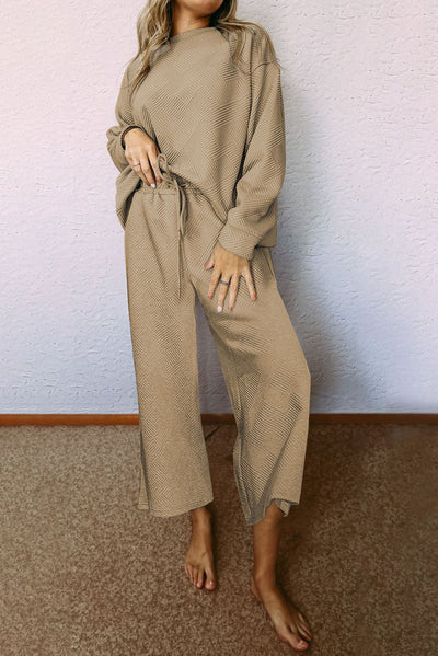 Khaki Ultra Loose Textured 2pcs Slouchy Outfit-Loungewear-MomFashion