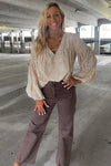 Khaki V Neck Bow Tie Bubble Sleeve Blouse-Tops-MomFashion