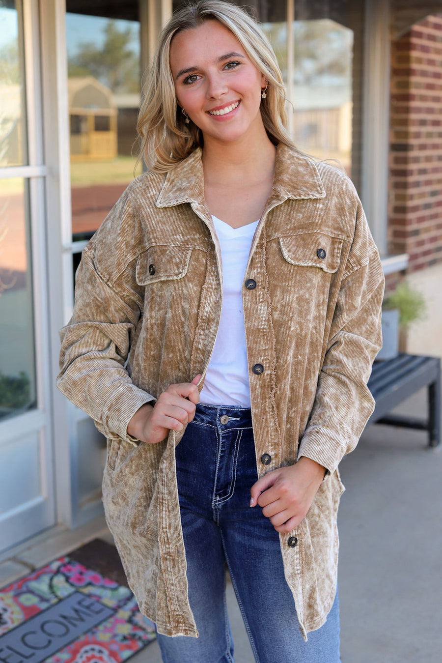 Khaki Vintage Distressed Mineral Wash Oversized Shacket-Outerwear-MomFashion