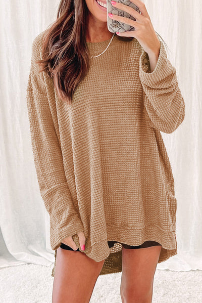 Khaki Waffle Knit High Slits Oversized Top-Tops-MomFashion