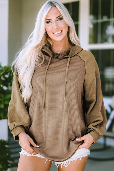 Khaki Waffled Expose Seam Drawstring Hoodie-Tops-MomFashion