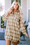 Khaki Western Plaid Button Up Loose Shirt Dress-Dresses-MomFashion