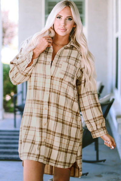 Khaki Western Plaid Button Up Loose Shirt Dress-Dresses-MomFashion