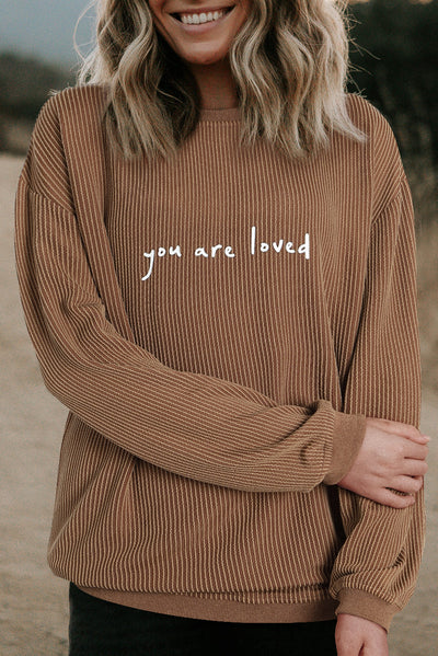 Khaki You Are Loved Print Corduroy Sweatshirt-Tops-MomFashion