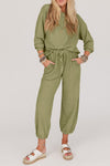 Laurel Green Waffle Knit Long Sleeve Top Drawstring Joggers Set-Loungewear-MomFashion