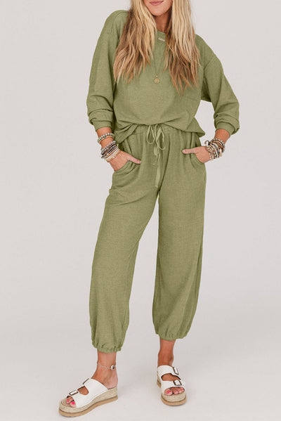 Laurel Green Waffle Knit Long Sleeve Top Drawstring Joggers Set-Loungewear-MomFashion