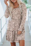 Leopard Animal Print Tiered Long Sleeve Dress-Dresses-MomFashion