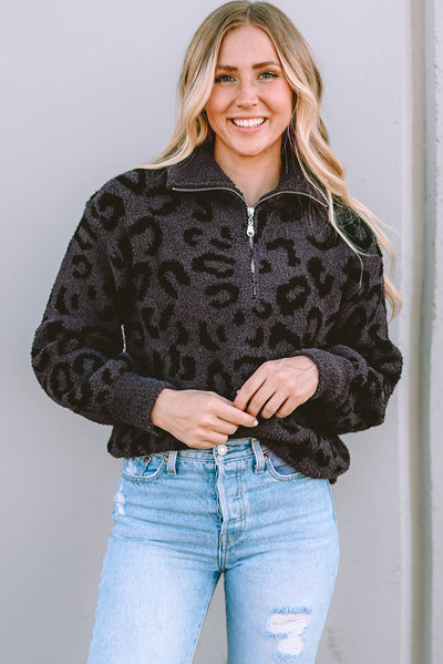 Leopard Animal Print Zipped Collared Sweater-Tops-MomFashion