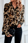 Leopard Bishop Sleeve Button up Turn Down Collar Shirt-Tops-MomFashion