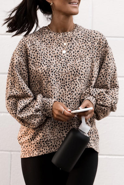 Leopard Boyfriend Crew Neck Leopard Sweatshirt-Tops-MomFashion