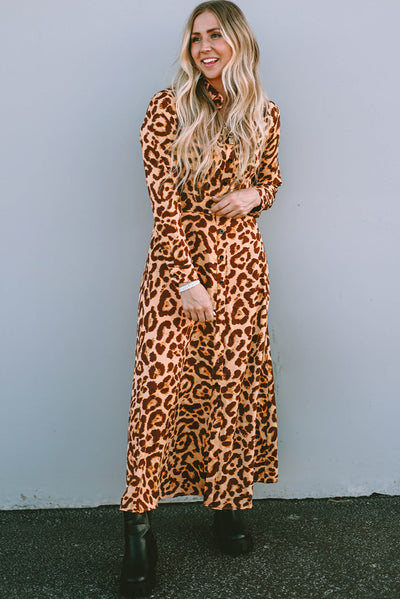 Leopard Button-Up Long Sleeve Maxi Dress-Dresses-MomFashion