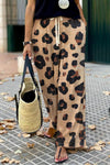 Leopard Drawstring Wide Leg Casual Pants-Bottoms-MomFashion