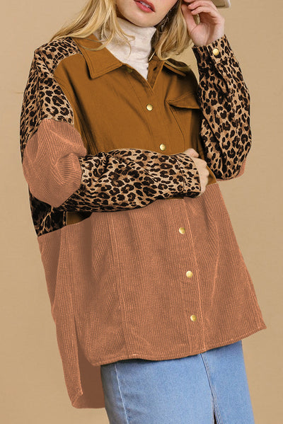 Leopard Patchwork High Low Shirt Jacket-Outerwear-MomFashion