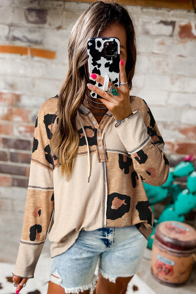 Leopard Print Exposed Seam Ribbed Patchwork Long Sleeve Top-Tops-MomFashion