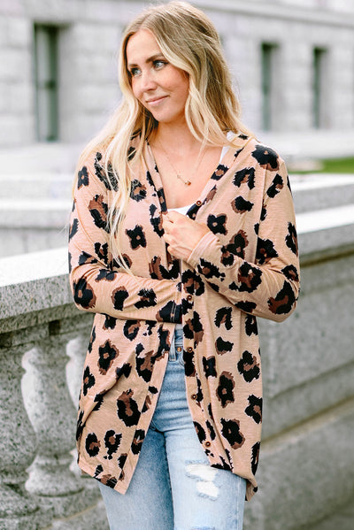 Leopard Printed Open Front Cardigan-Tops-MomFashion