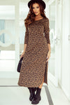 Leopard Round Neck Long Sleeve Split Dress-Dresses-MomFashion