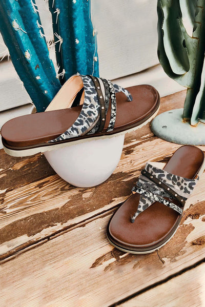 Leopard Studded Animal Print Flip Flop Sandals-Shoes & Bags-MomFashion