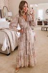 Leopard Surplice Neck Bubble Sleeve Maxi Dress with Sash-Dresses-MomFashion