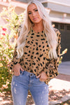 Leopard V Neck Ruffled Cuffs Loose Blouse-Tops-MomFashion