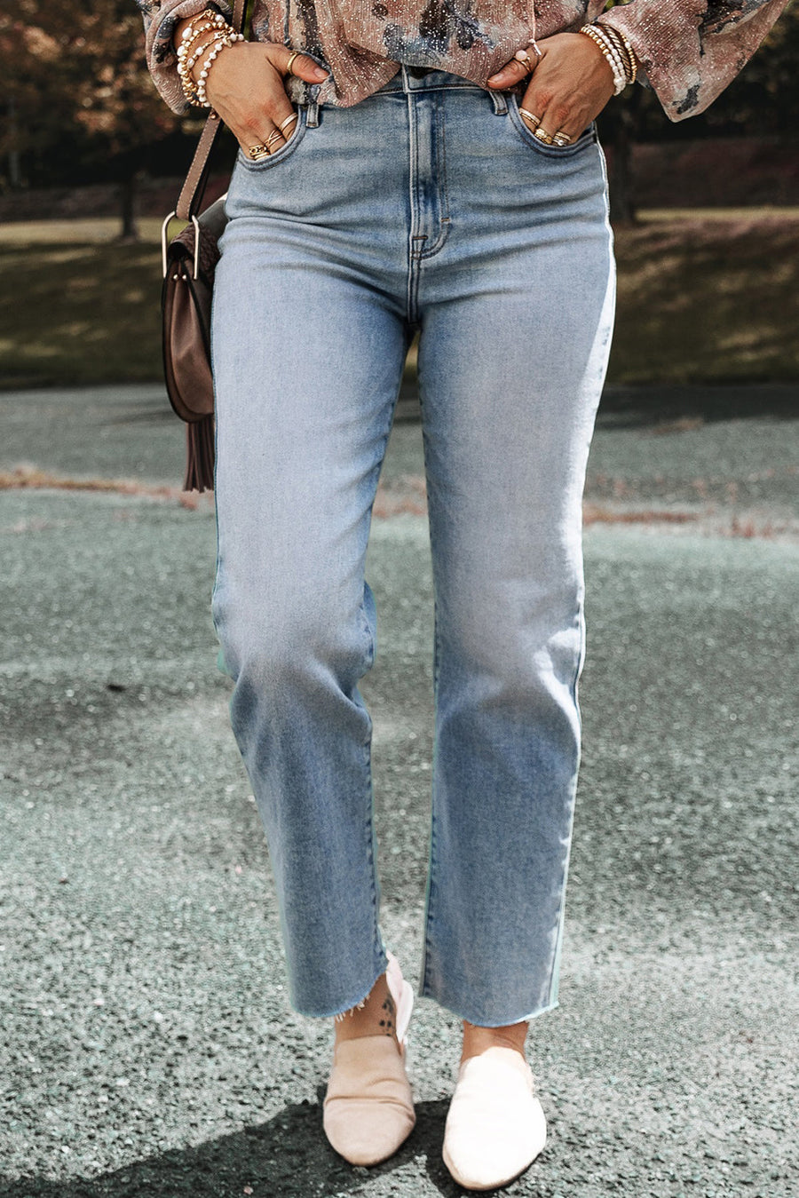 Light Blue Acid Wash Raw Edge Straight Jeans-Bottoms-MomFashion
