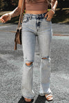 Light Blue Distressed Light Washed Slit Knee Flared Jeans-Bottoms-MomFashion