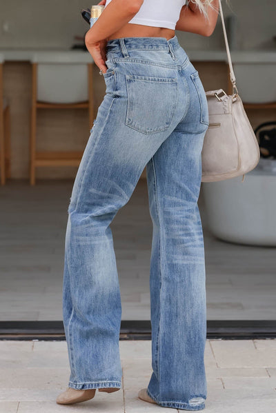 Light Blue High Rise Distressed Straight Leg Jeans-Bottoms-MomFashion