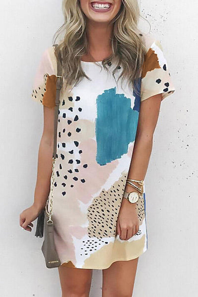 Light Blue Leopard Splicing Color Block Mini Dress-Dresses-MomFashion