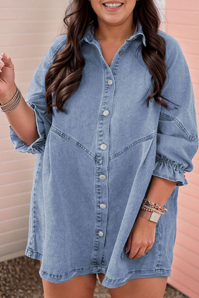 Light Blue Ruffled 3/4 Sleeve Buttoned Front Plus Size Denim Dress-Plus Size-MomFashion