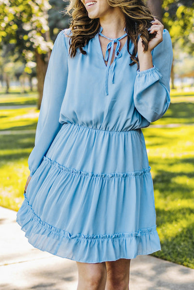 Light Blue V Neck Long Sleeve Ruffle Tiered Mini Dress-Dresses-MomFashion