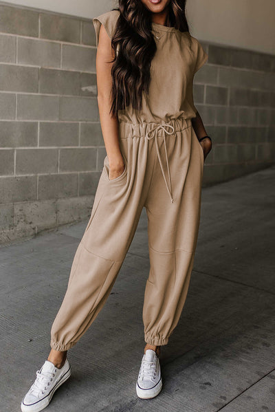 Light French Beige Cap Sleeve Open Back Drawstring Jogger Jumpsuit-Bottoms-MomFashion