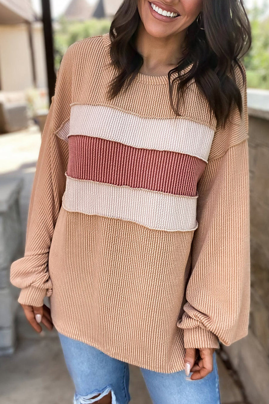 Light French Beige Colorblock Rib Corded Sweatshirt-Tops-MomFashion