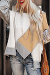 Light French Beige Colorblock Stitching Irregular Hem Long Sleeve Top-Tops-MomFashion