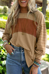 Light French Beige Colorblock Striped Bishop Sleeve Top-Tops-MomFashion