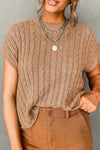 Light French Beige Crew Neck Cable Knit Short Sleeve Sweater-Tops-MomFashion