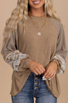 Light French Beige Floral Striped Patchwork Loose Long Sleeve Top-Tops-MomFashion