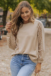 Light French Beige Lace Patch Sleeve Waffle Knit Top-Tops-MomFashion