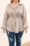 Light French Beige Plus Size Puff Sleeve Tied Tunic Shirt-Plus Size-MomFashion