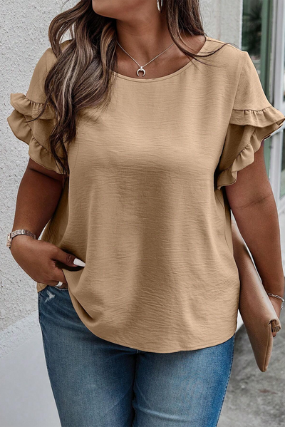 Light French Beige Ruffled Short Sleeve Plus Size Top-Plus Size-MomFashion