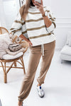 Light French Beige Striped Drop Shoulder Pullover and Jogger Pants Set-Two Piece Sets/Pant Sets-MomFashion