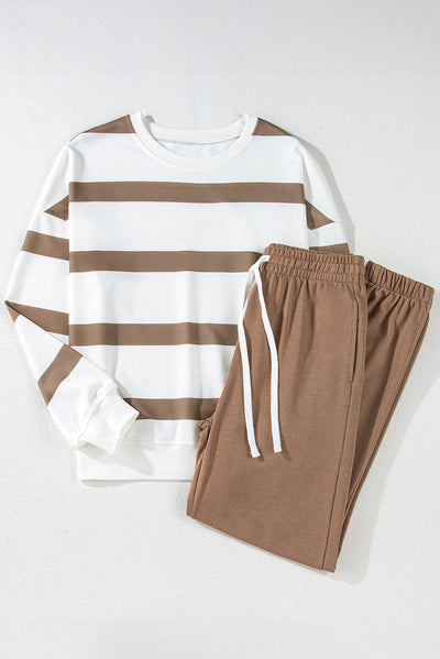 Light French Beige Striped Drop Shoulder Pullover and Jogger Pants Set-Two Piece Sets/Pant Sets-MomFashion