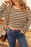 Light French Beige Striped Knit Drop Shoulder Crewneck Cropped Sweater-Tops-MomFashion