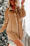 Light French Beige Velvet Button Front Shirt Mini Dress-Dresses-MomFashion