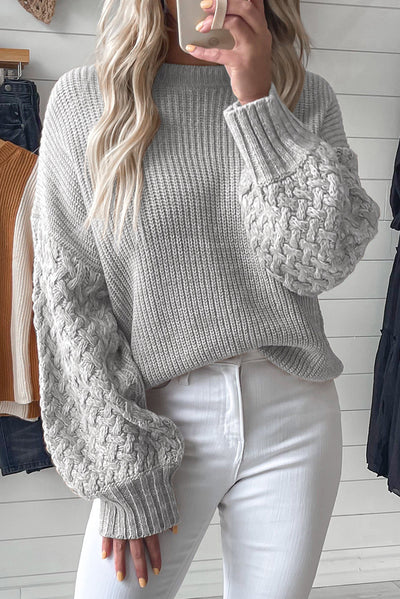 Light Grey Cable Knit Sleeve Drop Shoulder Sweater-Tops-MomFashion