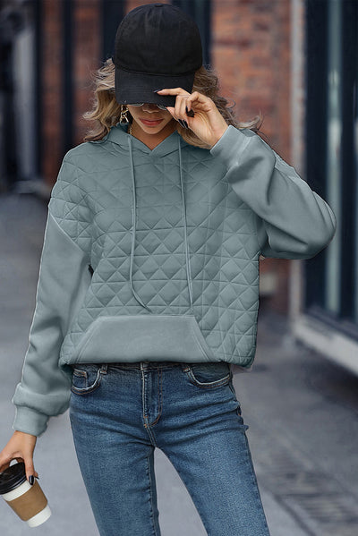 Light Grey Drop Shoulder Quilted Patchwork Kangaroo Pocket Hoodie-Tops-MomFashion