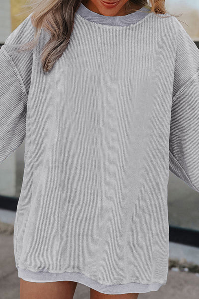 Light Grey Ribbed Corded Oversized Sweatshirt-Tops-MomFashion