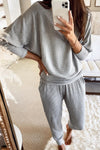 Light Grey Ribbed Dolman Sleeve Top and Pocketed Pants Set-Loungewear-MomFashion