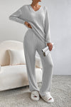 Light Grey Ribbed Knit V Neck Slouchy Two-piece Outfit-Loungewear-MomFashion