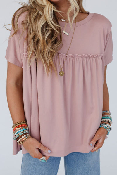 Light Pink Ruffled Trim Loose Babydoll Tee-Tops-MomFashion