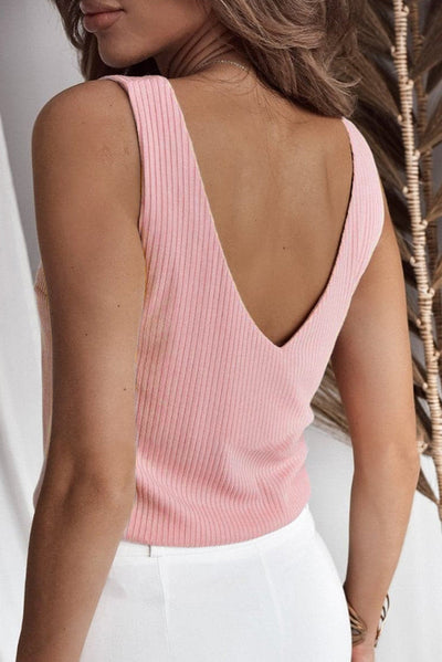 Light Pink V Neck Rib Textured Tank Top-Tops-MomFashion