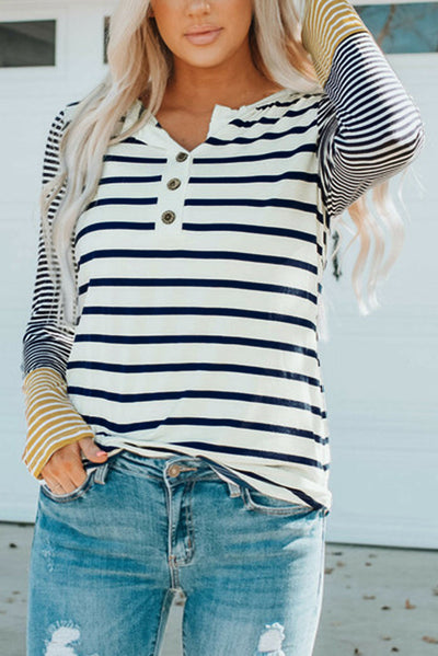 Long Sleeve Stripe Button Henley Top-Tops-MomFashion